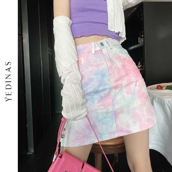 Yedinas Tie Dye Print Minigonna Vita alta Femminile Sexy Gonne a tubino Casual Coreano Streetwear Party Club Ladies Short 210527