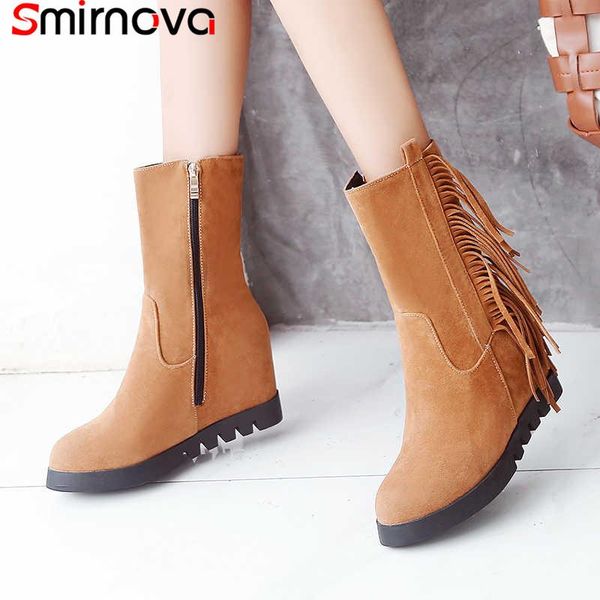 

boots smirnova big size 34-43 ankle for women zipper round toe autumn shoes wedges tassel casual, Black
