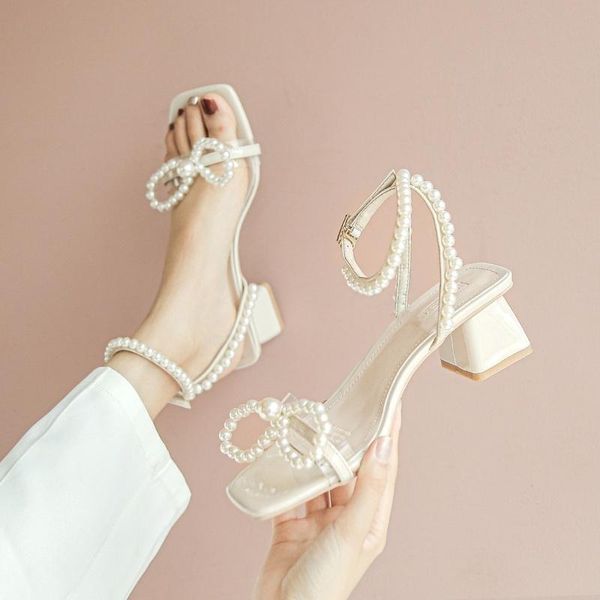 

sandals women 2021 fashion buckles strap shoes elegant pearl bow high heels female summer party dress, Black