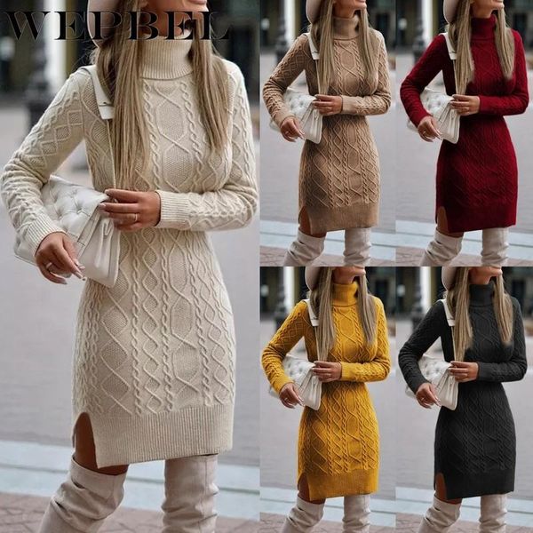 

casual dresses wepbel women elegant autumn winter knitted sweater dress ladies solid color long sleeve turtleneck split bodycon, Black;gray