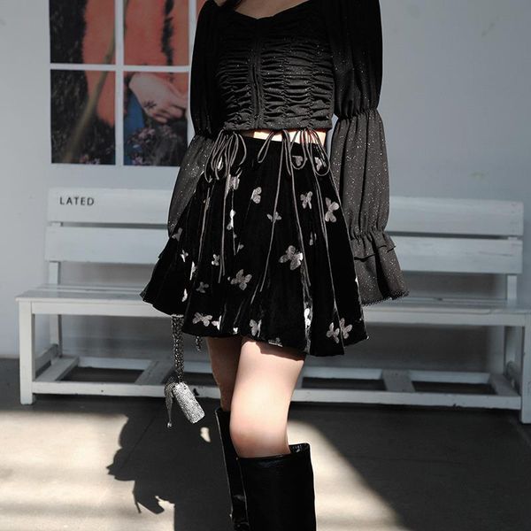 

skirts 2021 spring feminine style french black mini high waist butterfly female print skirt short streetwear