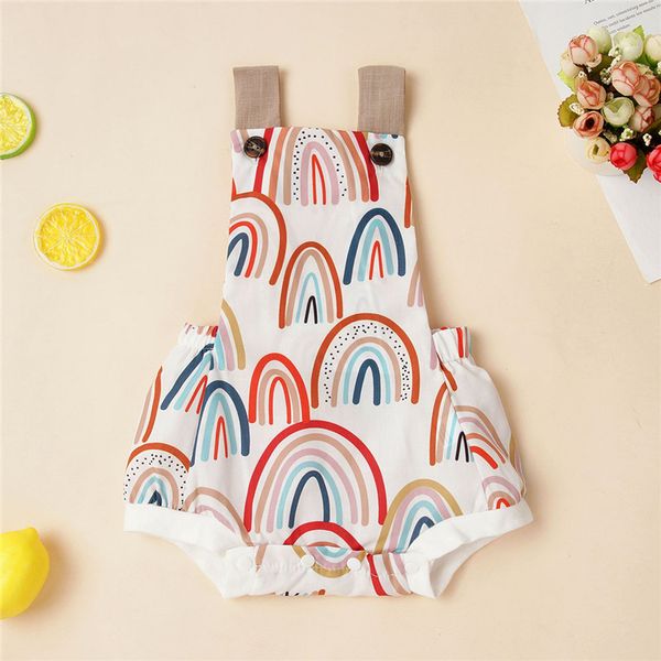 

infant baby girls boys print jumpsuit romper casual clothes childrens sleeveless rainbow strap button romper kids clothes, Blue