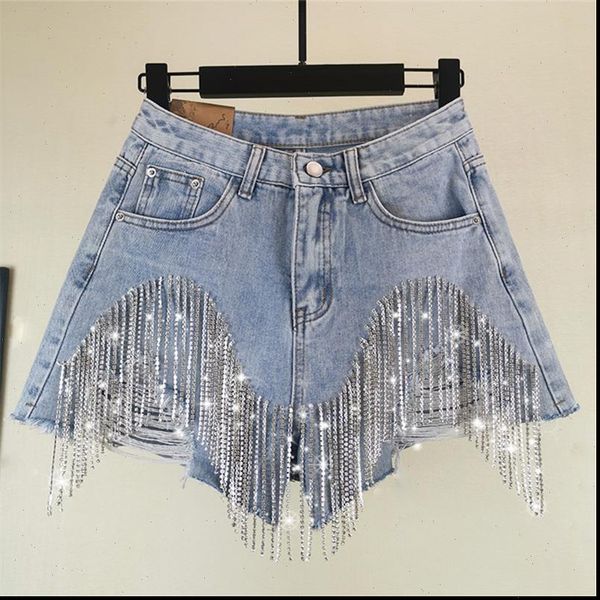 

summer loose wide leg womens jeans rhinestone fringed hole pants fashion high waist denim shorts tide g036, Blue