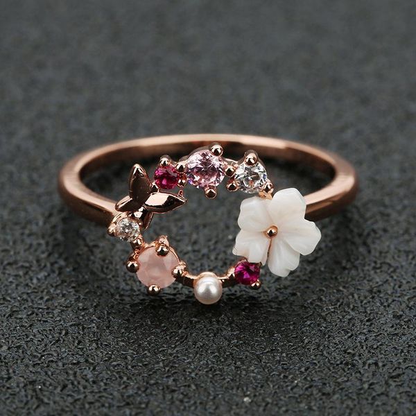 

cluster rings wedding for women rose gold zircon glamour ring jewelry girl gift fashion creative butterfly flowers crystal finger, Golden;silver