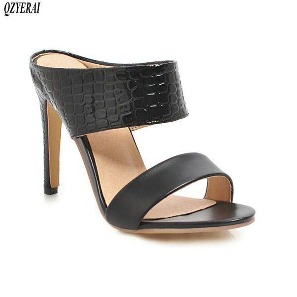 

slippers spring summer products patent leather women's 10cm thin heels shoes large size 34-48, Black