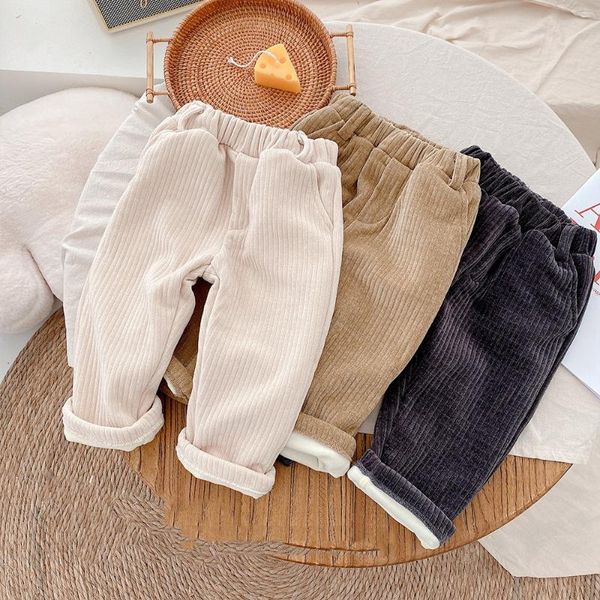

trousers winter solid color brief inner fleece corduroy pants boys and girls loose all-match thick warm 1-6y, Blue