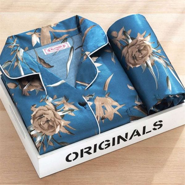 Pajamas Set 2 штуки женские спящие одежды атласная шелковая роза Print Elegant Pajama длинные брюки весенние летние пижамы 210928