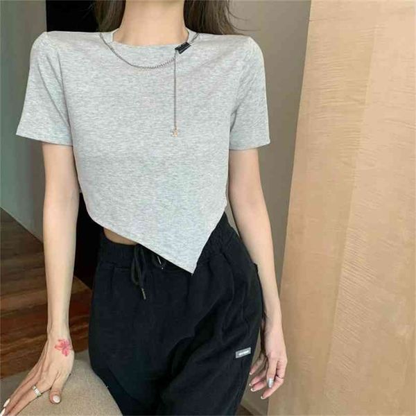 

summer short women t-shirt o-neck irregular sleeve female tee slim t-shirt casual solid lady tshirt 210507, White