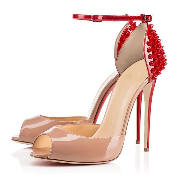 

spiked sandalias ankle strap women shoes stylish brand peep toe gladiator sandals pumps high heels rivets zapatos de mujer, Black