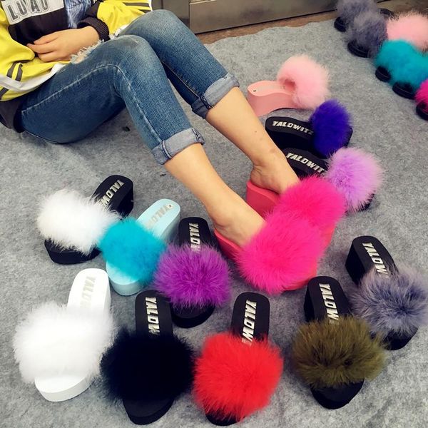 

slippers fur furry slide sweet ostrich feather thick bottom beach female sandals hair flip flops women home fenty playform soft, Black