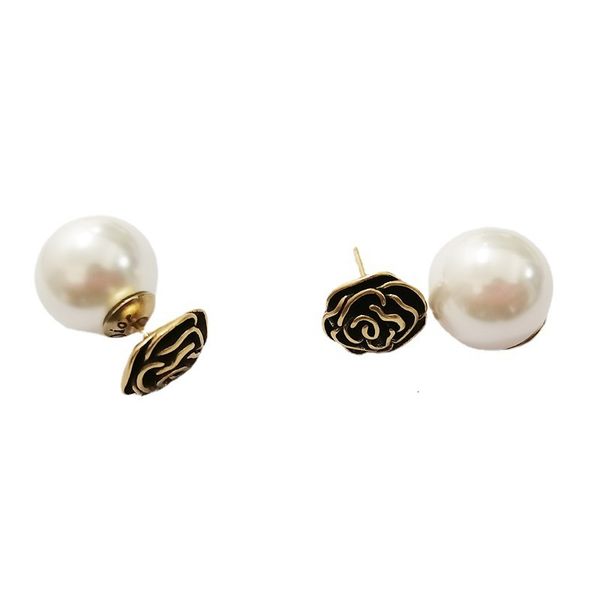

make old rose tide bronze flower earrings s925 silver needle temperament exquisite pearl, Golden