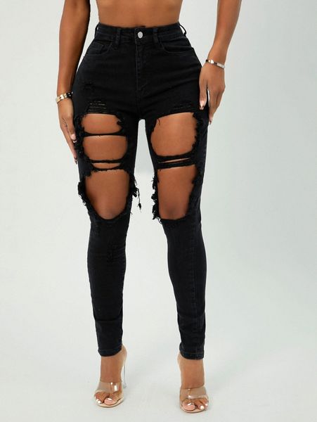 

sxy high waist cut out ripped raw trim skinny jeans x3k4#, Blue