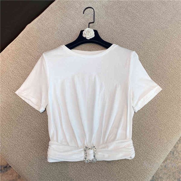 

t shirt rhinestone buckle short t-shirt woman summer design all-matching white color tee girls ladies slim fit crop top