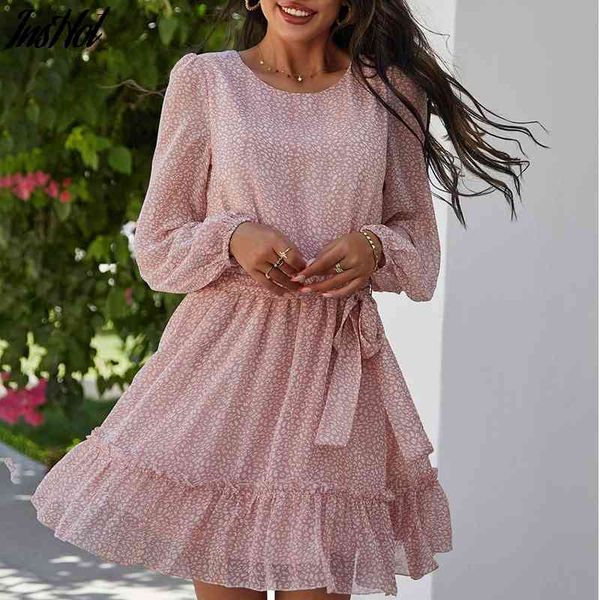 

floral print ruffled summer dress women elegant long sleeve sashes female chiffon dress bohemian spring mini dress 210514, Black;gray