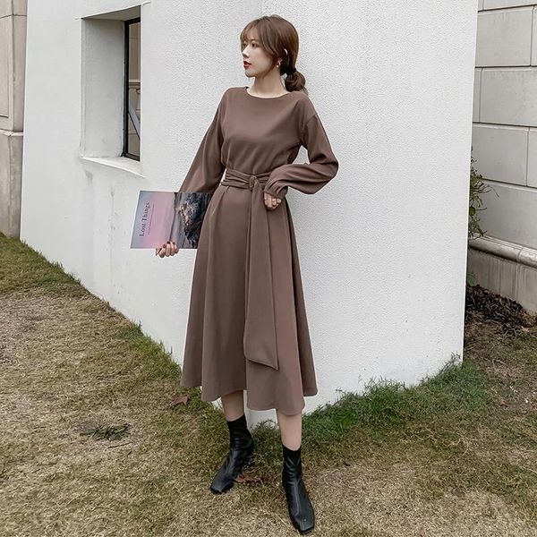 

casual dresses yamdi korean vintage woman spring summer a-line elegant midi dress women 2021 party long sleeve solid belt loose vestido, Black;gray