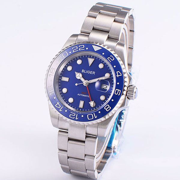 

lightning 40mm men's watch blue face ceramic lining gmt mechanical gentlemen's sapphire crystal mingzhu3804 automatic movement, Slivery;brown