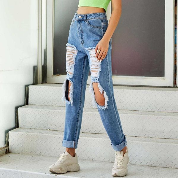 

women's jeans spring summer light blue ripped straight women baggy vintage high waist denim distressed streetwear girl bottom