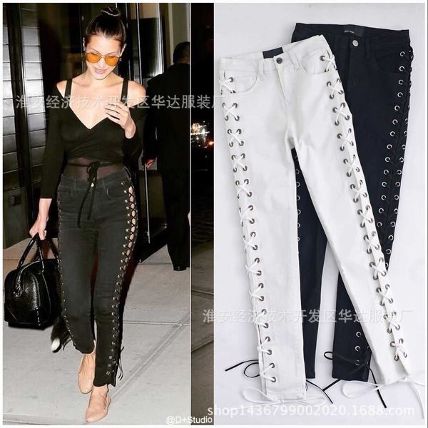 

women's pants & capris europe and the united states modern waist-high hollow belt out tight foot women's jeans lxi9, Black;white