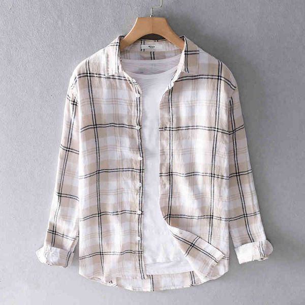 

men's t-shirts large plaid linen brand summer shirt for men casual comfortable and breathable male long-sleeved shirts fga6, White;black