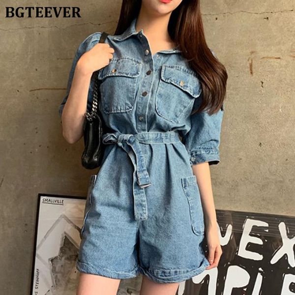 

streetwear chic ladies overalls summer single-breasted belted female playsuits short sleeve women denim jumpsuits 2021 women's & romper, Black;white