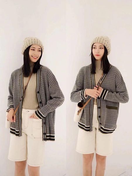 

women's knits & tees xiaohe 2021 autumn and winter qianniao check wool loose v-neck knitted cardigan jacket women, White