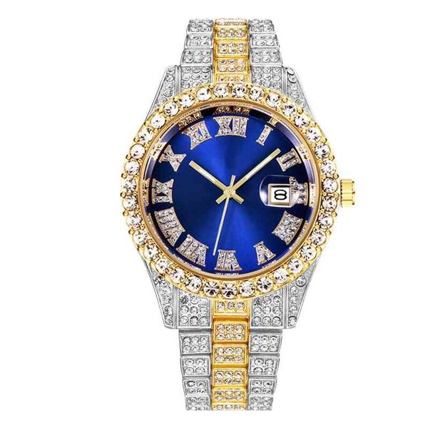 Orologio da polso analogico al quarzo con cristallo di diamante pieno più popolare con quadrante blu ghiacciato per regalo