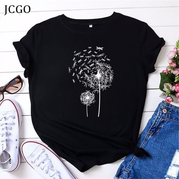 JCGO Sommer Frauen T-shirt Baumwolle Plus Größe 5XL Kurzarm Libelle Löwenzahn Druck Weibliche Lose Beiläufige Große T-shirt Top tees 210324