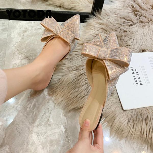 

summer women rhinestone bow slippers bling pointed toe slides ladies flat sandals fashion slipper, Black