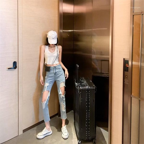 

women's jeans blue for women summer casual cozy breathable high street waist holey slim stylish daddy pants ladies