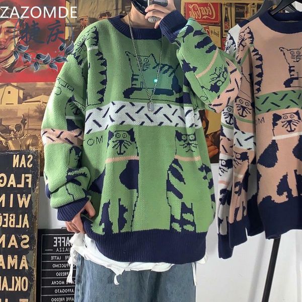 

men's sweaters harajuku knitted sweater men clothing winter pullover fashion clothes hip hop warm cartoon cat, White;black