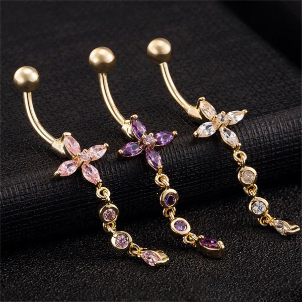 

allergic 18k yellow gold plated cz crystal flower body piercing dangle ring for women belly button rings for dancing, Silver