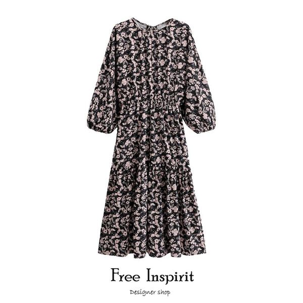 

casual dresses inspirit arrival vintage style a-line floral print o-neck empire waistline women's mid-calf dress, Black;gray