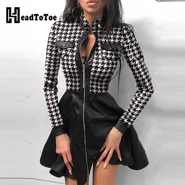 

casual dresses houndstooth print zipper pockets design pu dress, Black;gray