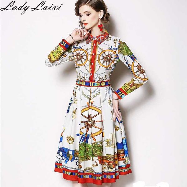 

spring women vintage floral print dress lady turn-down collar long sleeve a-line shirt work vestido casual midi tunic 210529, Black;gray