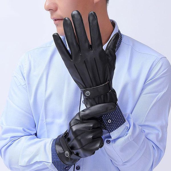 

five fingers gloves 2021 winter plush warm pu leather touch screen windproof imitation men, Blue;gray