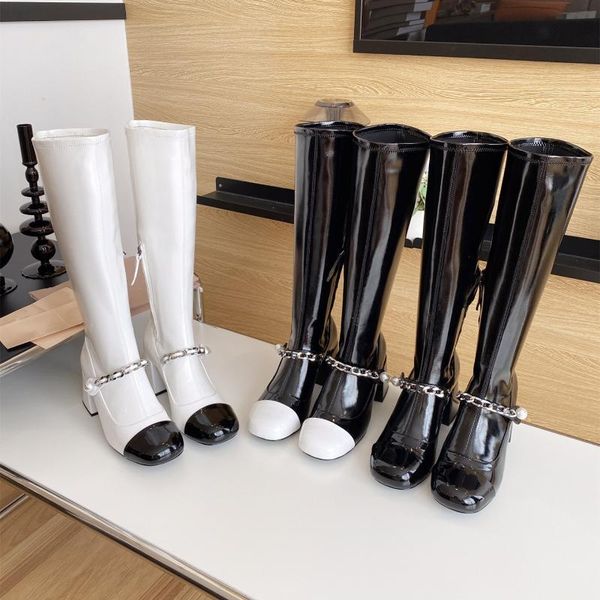 

boots winter women patent leather knee-high stretch mary jane chunky high heels designer shoes pearls chain zip botas femininas, Black
