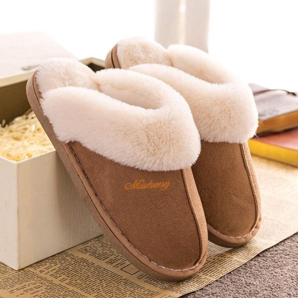

slippers women fur winter warm shoes women/men suede plush house indoor outdoor couples cotton memory foam zapatillas, Black