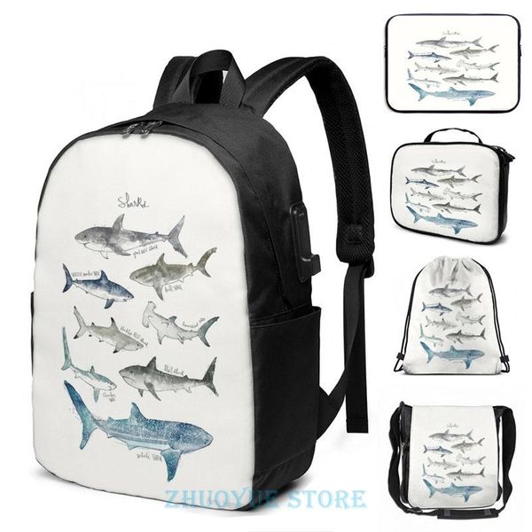 

backpack funny graphic print sharks (2) usb charge men school bags women bag travel laptop