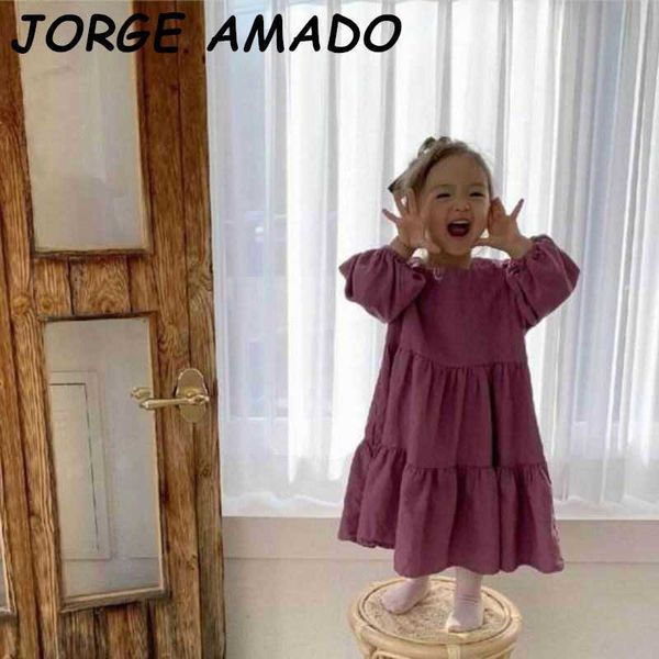 Meninas vestido outono outono de algodão linho solto de manga longa princesa para crianças roupas E20 210610