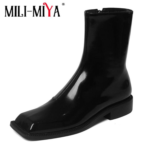 

boots mili-miya fashion autumn low heel ankle patent leather beige black bling crystal square toe zipper office lady party shoes
