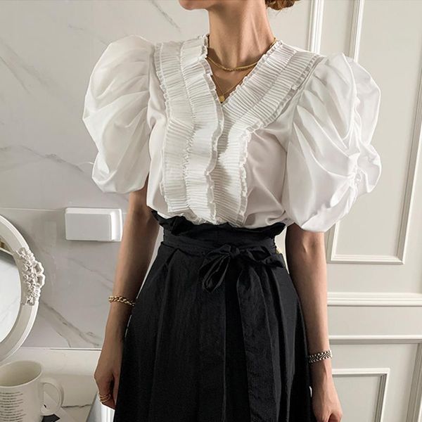 

women's blouses & shirts fashion design pleated v-neck blouse summer solid color japanese style temperament splicing puff sleeve 2021, White