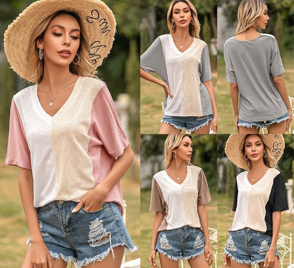 

2021 summer new women's wear v-neck splicing contrast short sleeve loose t-shirt top, White