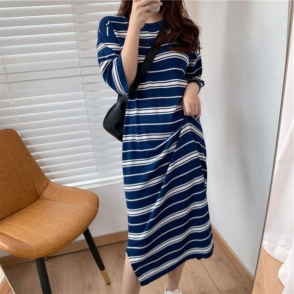 

women's knits & tees spring summer knitted striped dress women round neck mid sleeve loose split long fashion casual straight oru0, White
