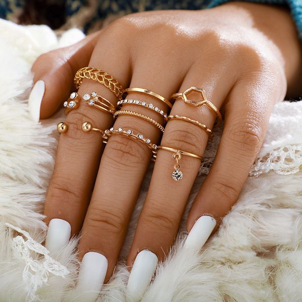 

designer rings 8pcs/sets hollow out for women men charms clear crystal stone gold chain bohemian jewelry accessories anillo, Golden;silver