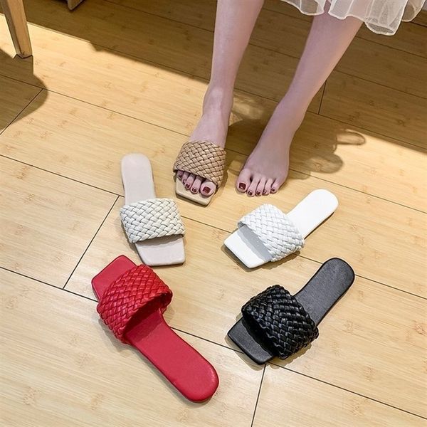 

tjy lipper women' 20 knitting ummerfahion flat hoeandal slipper flat shoes square head wear one word sandal korean 42 large, Black