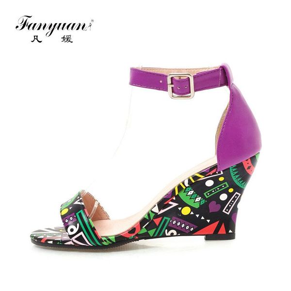 

dress shoes fanyuan casual solid ankle-wrap high heels elegant print wedges sandals fashion buckle strap women sapatos femininos, Black