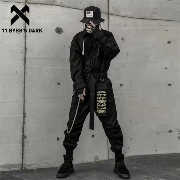 

11 bybb's dark hip hop jumpsuit men ribbon embroidered long sleeve romper zippers cargo overalls streetwear techwear jumpsuits 210715, Black