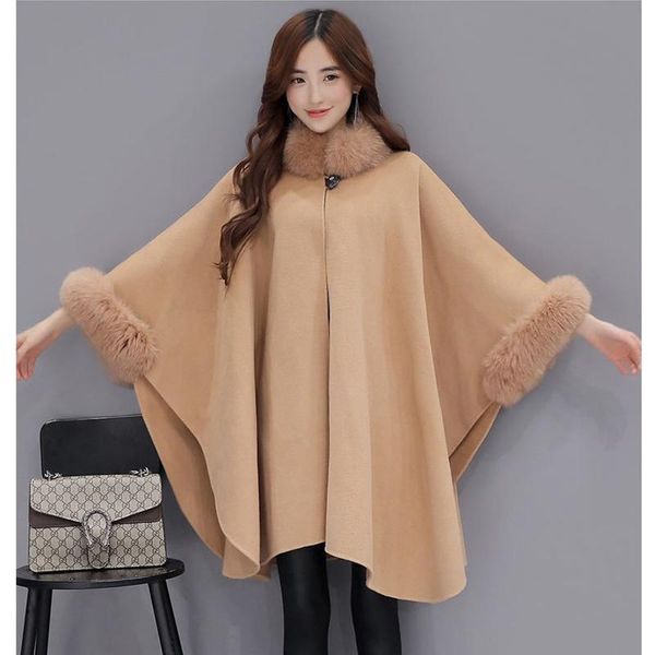 

women's fur & faux collar women jackets and coats long woolen cape cloak jacket female overcoats thick winter coat ladies, Black