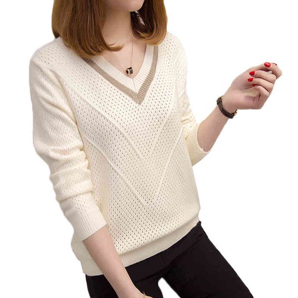 

women's long v-neck loose short sved sweater, popular in spring and autumn, large casual 2020, White;black