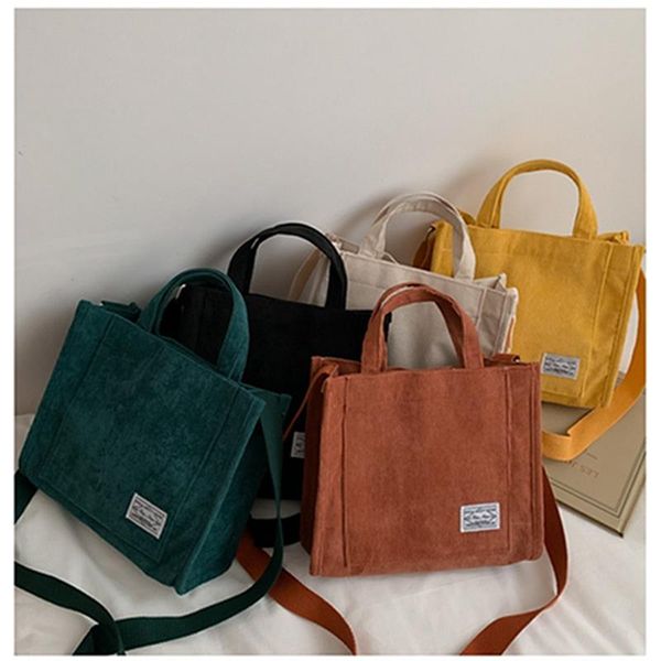 

corduroy women bag ladies canvas shoulder crossbody bags solid color buckle messenger square tote with short handle duffel